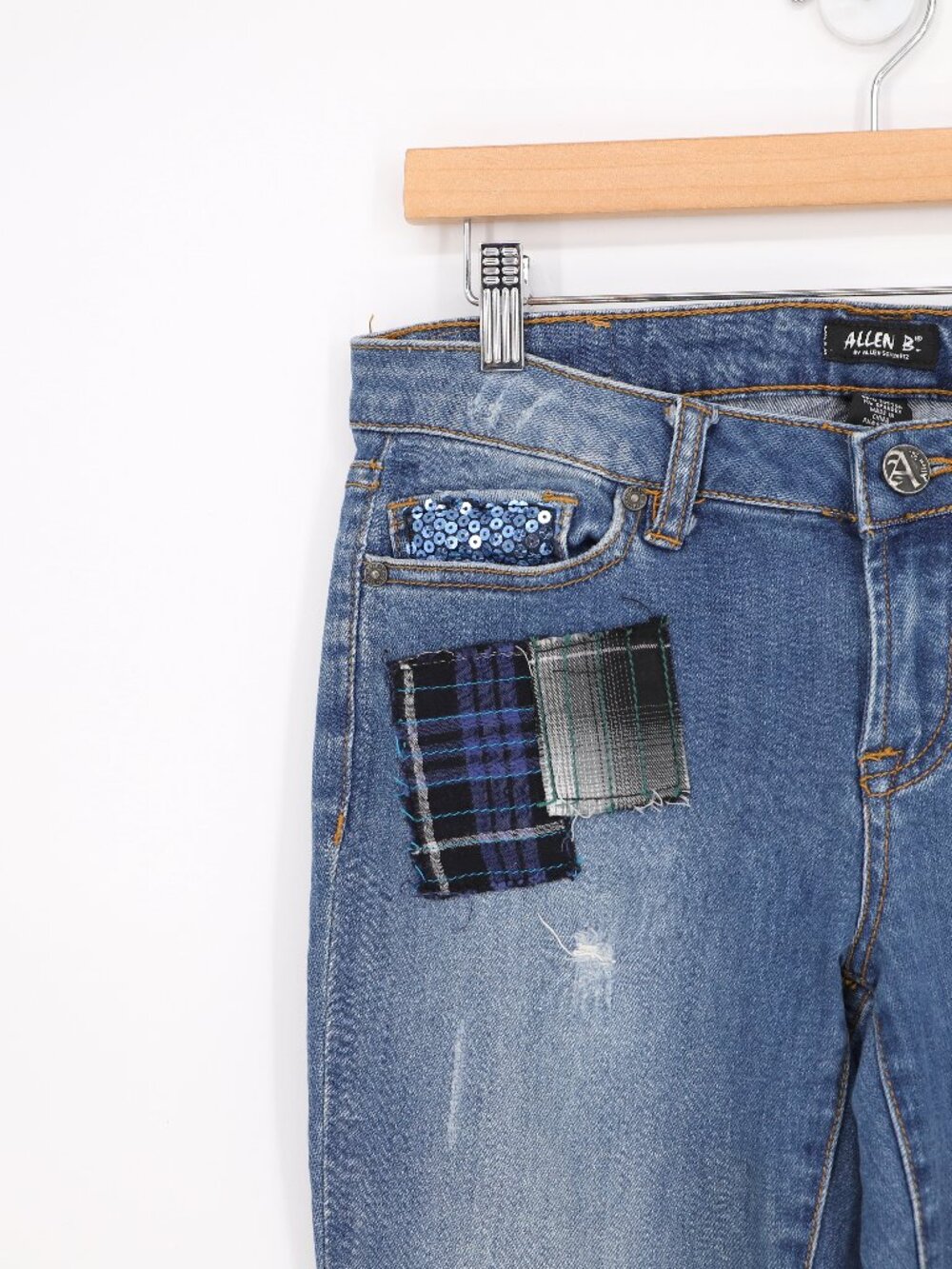 Allen B by Allen Schwartz Jeans Patchwork Sequin Distressed Flare Boho Size 6 - Picture 9 of 10